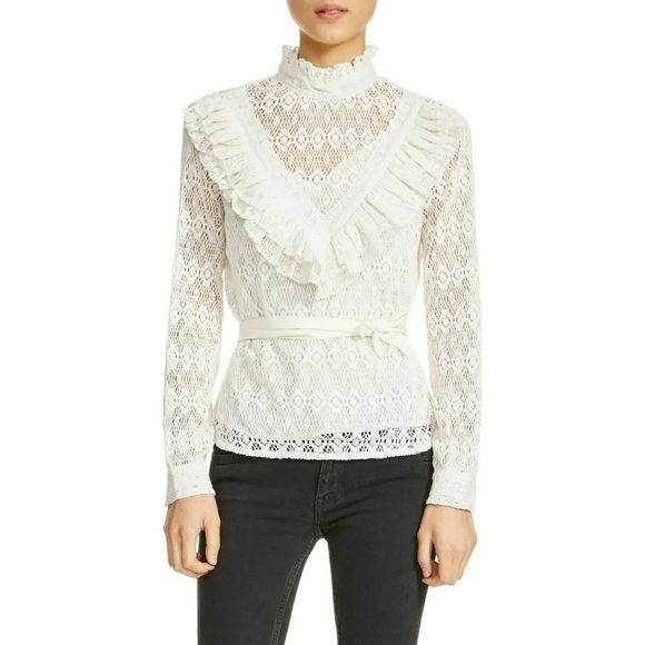 MAJE • Limba open knit high neck ruffle crochet sweater in ecru - Picture 16 of 16